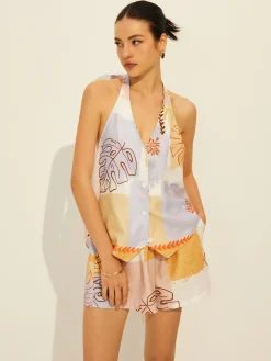 Lace-Up Backless Printed Shorts Set