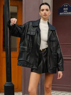 Lapel Belted Zipper PU Leather Jacket