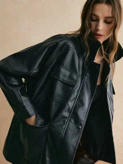 Lapel Belted Zipper PU Leather Jacket