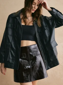 Lapel Belted Zipper PU Leather Jacket