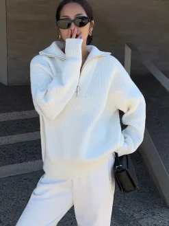 Lapel Half-Zipper Ribbed Sweater
