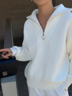 Lapel Half-Zipper Ribbed Sweater