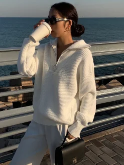 Lapel Half-Zipper Ribbed Sweater