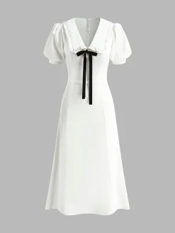 Lapel Knotted Piping Zipper Dress