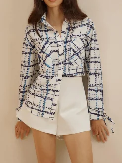 Lapel Plaid Printed Pockets Shirt