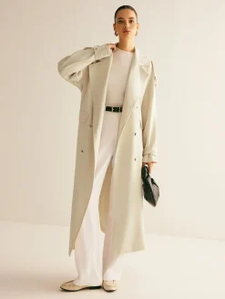Lapel Pockets Belted Trench Coat
