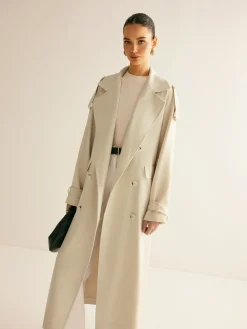 Lapel Pockets Belted Trench Coat