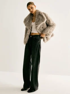 Lapel Pockets Faux Fur Coat