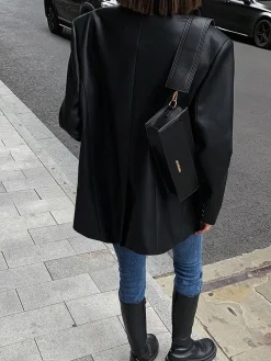Lapel Pockets Leather Blazer