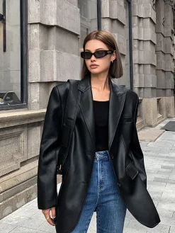 Lapel Pockets Leather Blazer