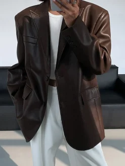 Lapel Pockets Leather Blazer