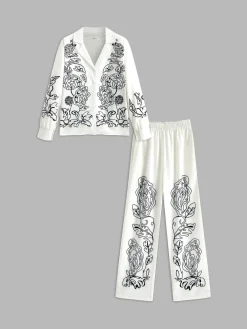 Lapel Printed Elastic Waist Pants Set
