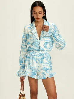Lapel Ruffle Printed Shorts Set