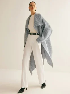 Lapel Scarf Ribbed Long Cardigan