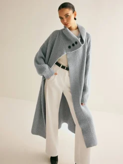Lapel Scarf Ribbed Long Cardigan