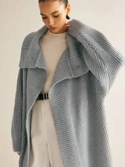 Lapel Scarf Ribbed Long Cardigan