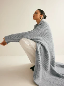 Lapel Scarf Ribbed Long Cardigan
