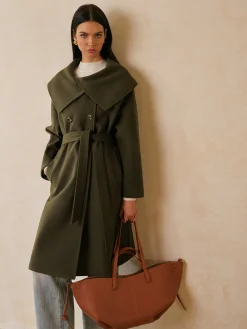 Large Collar Belted Tweed Coat