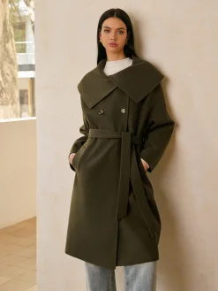 Large Collar Belted Tweed Coat