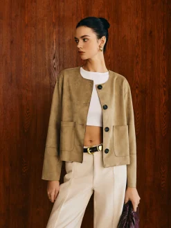 Large Pockets Breasted Suede Jacket