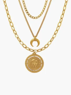 Layering Moon Lion Circle Pendant Necklace