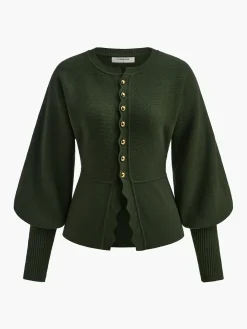 Leg-Of Mutton Sleeve Wave Trim Knit Top