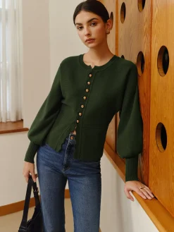 Leg-Of Mutton Sleeve Wave Trim Knit Top