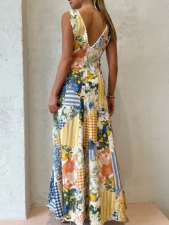 Lemonade Print Lace Trim Long Dress