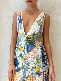 Lemonade Print Lace Trim Long Dress