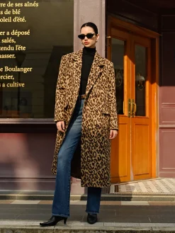 Leopard Pockets Long Wool Coat