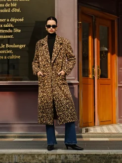 Leopard Pockets Long Wool Coat