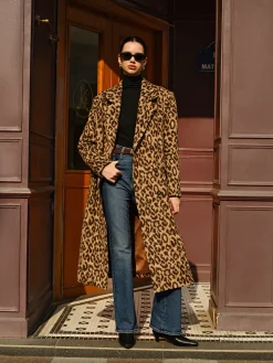 Leopard Pockets Long Wool Coat