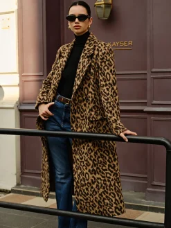 Leopard Pockets Long Wool Coat