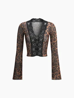 Leopard Print Long Sleeve Lace Trim Blouse