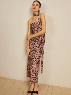 Leopard Print Mesh Halter Midi Dress