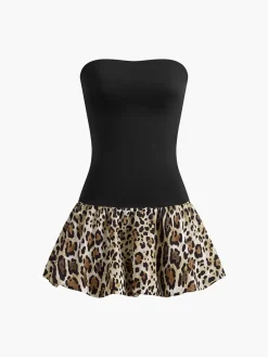Leopard Print Paneled Strapless Short Dress