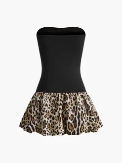 Leopard Print Paneled Strapless Short Dress