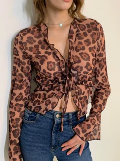 Leopard Print Semi-Sheer Ruffle V-neck Shirt