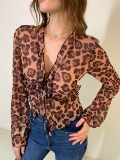Leopard Print Semi-Sheer Ruffle V-neck Shirt