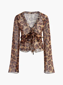 Leopard Print Semi-Sheer Ruffle V-neck Shirt