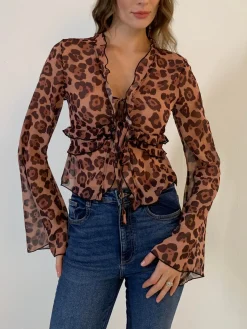 Leopard Print Semi-Sheer Ruffle V-neck Shirt