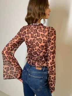 Leopard Print Semi-Sheer Ruffle V-neck Shirt