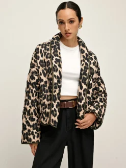 Leopard Printed Lapel Winter Coat