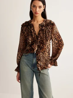 Leopard Printed Ruffle Thin Shirt