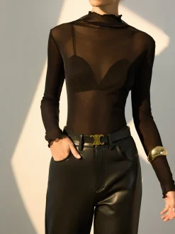 Lettuce Trim Mesh Sheer Blouse