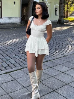 Lettuce Trim Shirred Waist Layered Short Dress