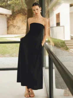 Linen Blends Basic Pockets Tube Long Dress