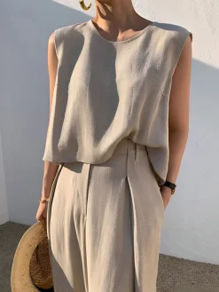 Linen Blends Casual Pants Set