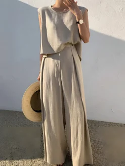 Linen Blends Casual Pants Set