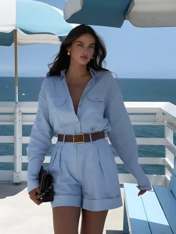Long Sleeve Collared Pleated Shorts Set